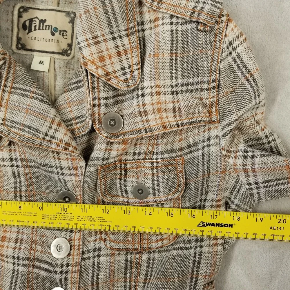 Fillmore Jacket Medium Brown Plaid 100% Linen Belted 70's Pockets Hippie‎ Retro